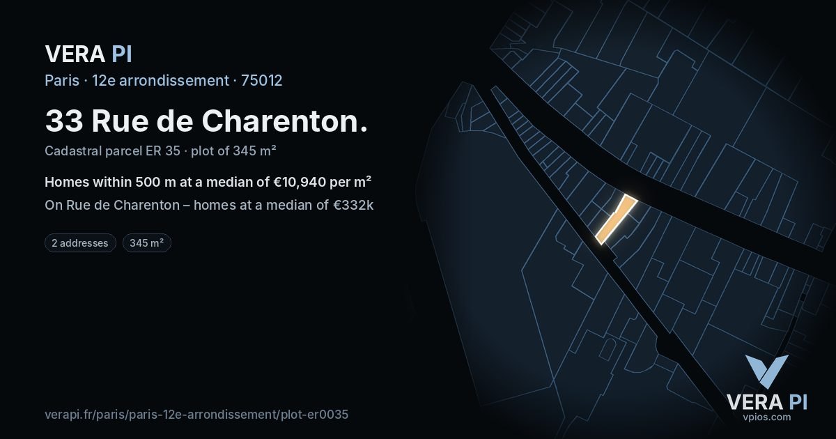 33 Rue de Charenton, 12e arrondissement at night – the plot lit, the parcels around coloured by the prices near them