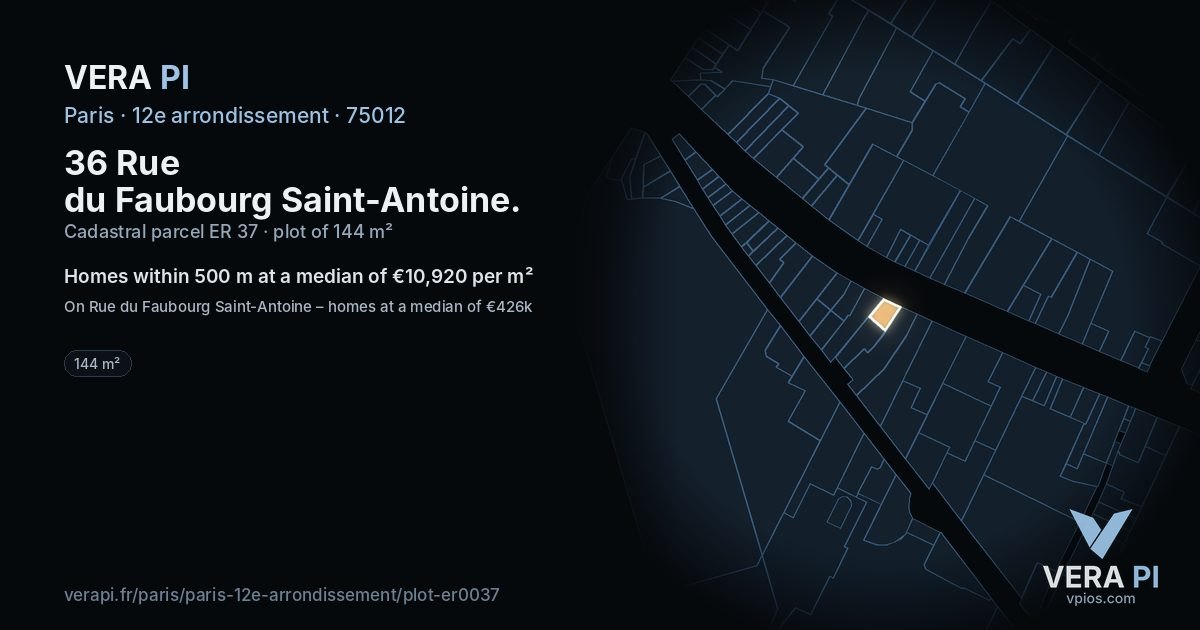 36 Rue du Faubourg Saint-Antoine, 12e arrondissement at night – the plot lit, the parcels around coloured by the prices near them