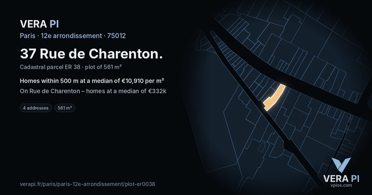 37 Rue de Charenton, 12e arrondissement at night – the plot lit, the parcels around coloured by the prices near them