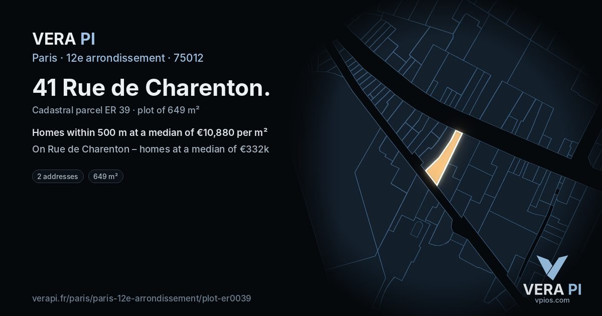 41 Rue de Charenton, 12e arrondissement at night – the plot lit, the parcels around coloured by the prices near them