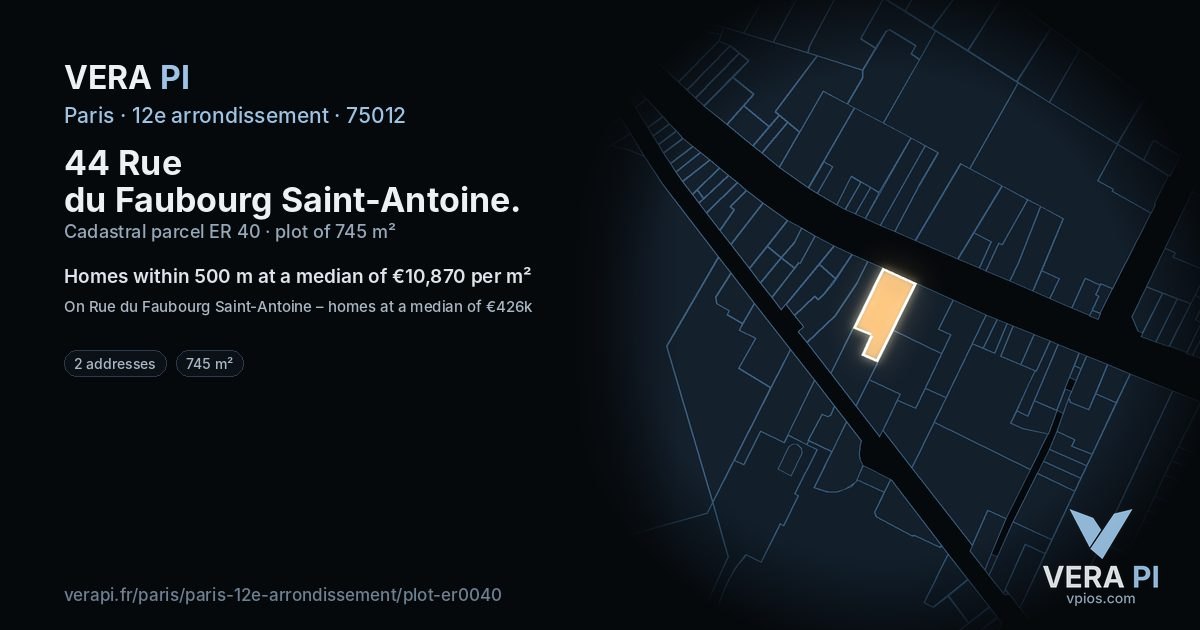 44 Rue du Faubourg Saint-Antoine, 12e arrondissement at night – the plot lit, the parcels around coloured by the prices near them