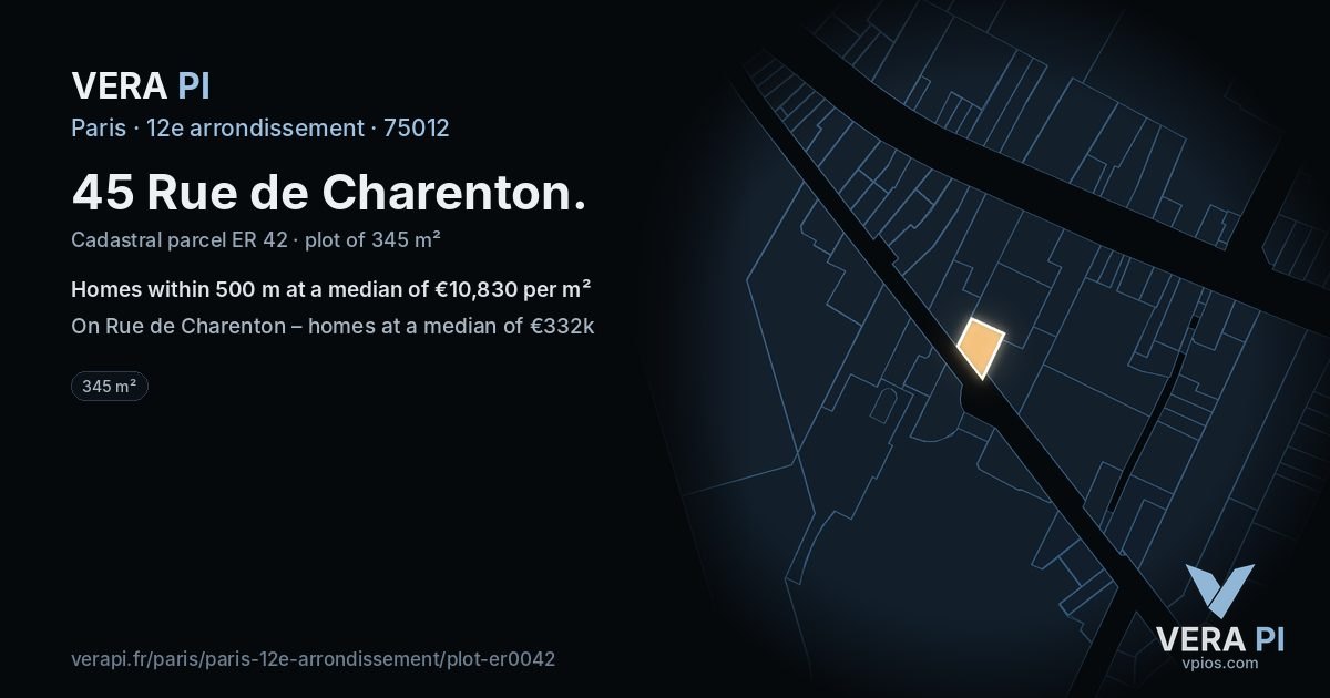45 Rue de Charenton, 12e arrondissement at night – the plot lit, the parcels around coloured by the prices near them