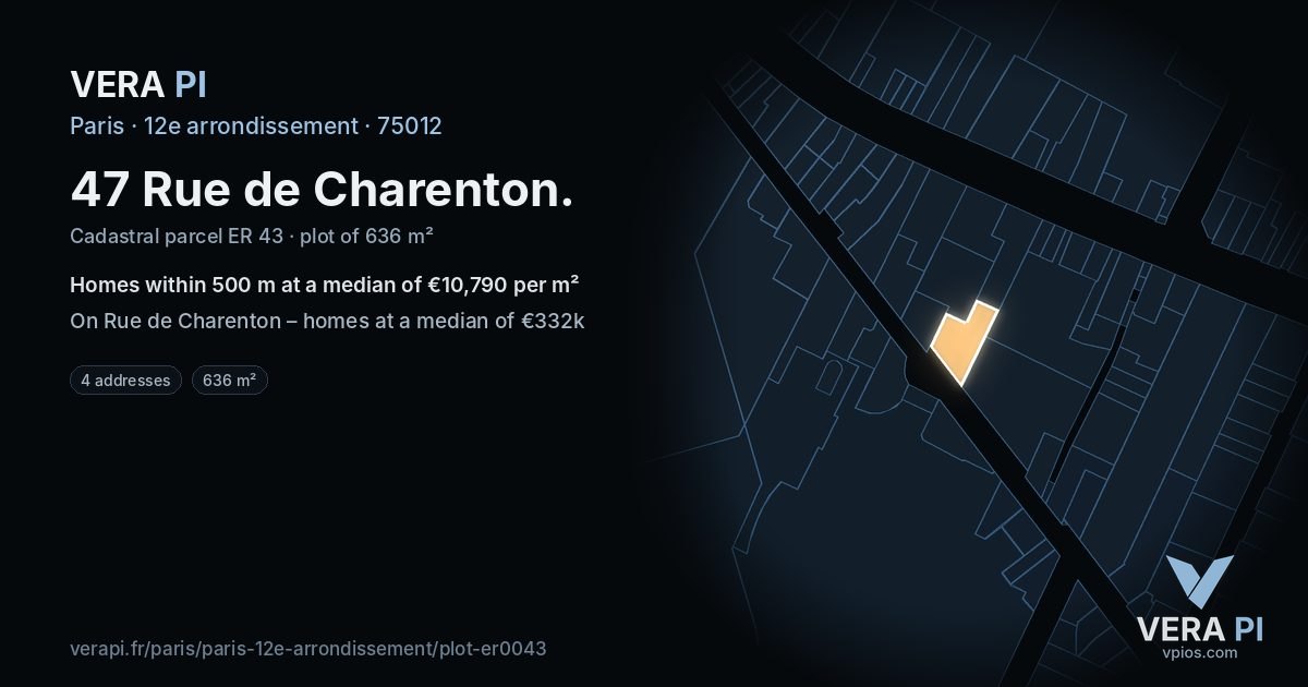 47 Rue de Charenton, 12e arrondissement at night – the plot lit, the parcels around coloured by the prices near them