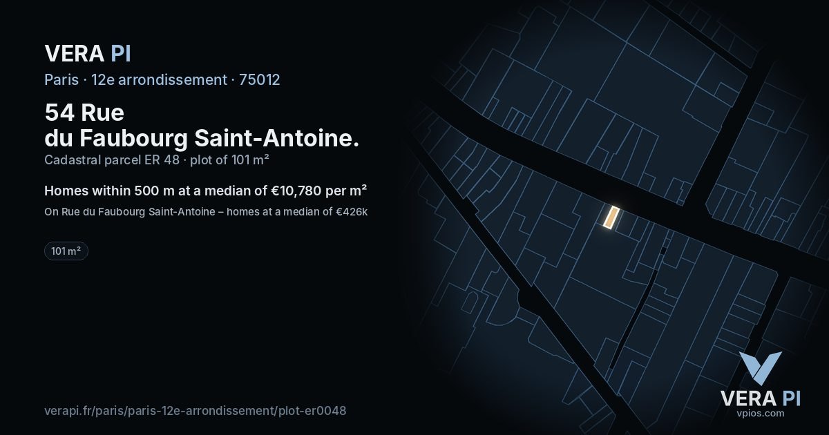 54 Rue du Faubourg Saint-Antoine, 12e arrondissement at night – the plot lit, the parcels around coloured by the prices near them