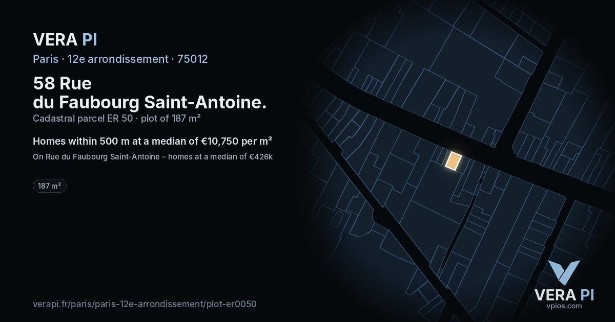 58 Rue du Faubourg Saint-Antoine, 12e arrondissement at night – the plot lit, the parcels around coloured by the prices near them