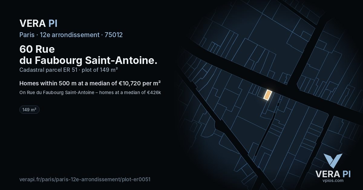 60 Rue du Faubourg Saint-Antoine, 12e arrondissement at night – the plot lit, the parcels around coloured by the prices near them