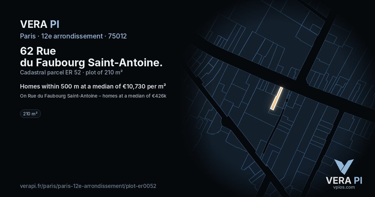 62 Rue du Faubourg Saint-Antoine, 12e arrondissement at night – the plot lit, the parcels around coloured by the prices near them