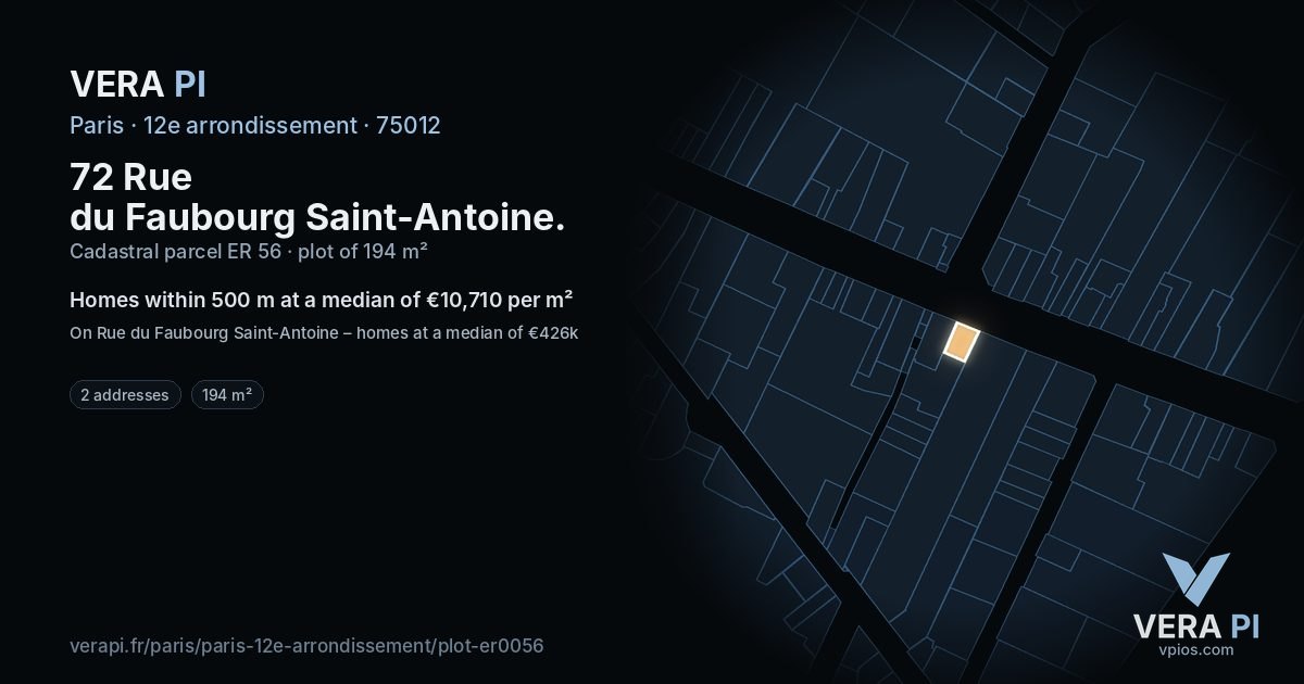 72 Rue du Faubourg Saint-Antoine, 12e arrondissement at night – the plot lit, the parcels around coloured by the prices near them
