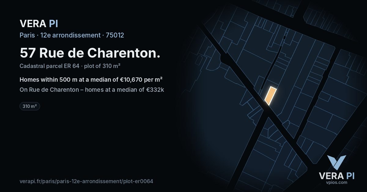 57 Rue de Charenton, 12e arrondissement at night – the plot lit, the parcels around coloured by the prices near them