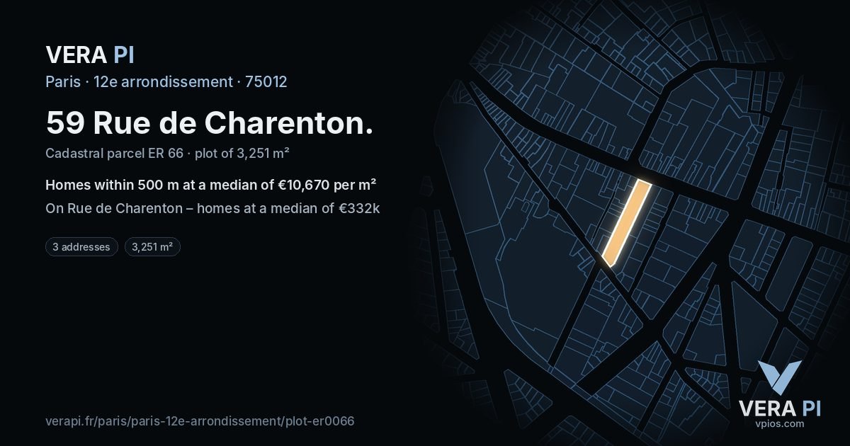 59 Rue de Charenton, 12e arrondissement at night – the plot lit, the parcels around coloured by the prices near them