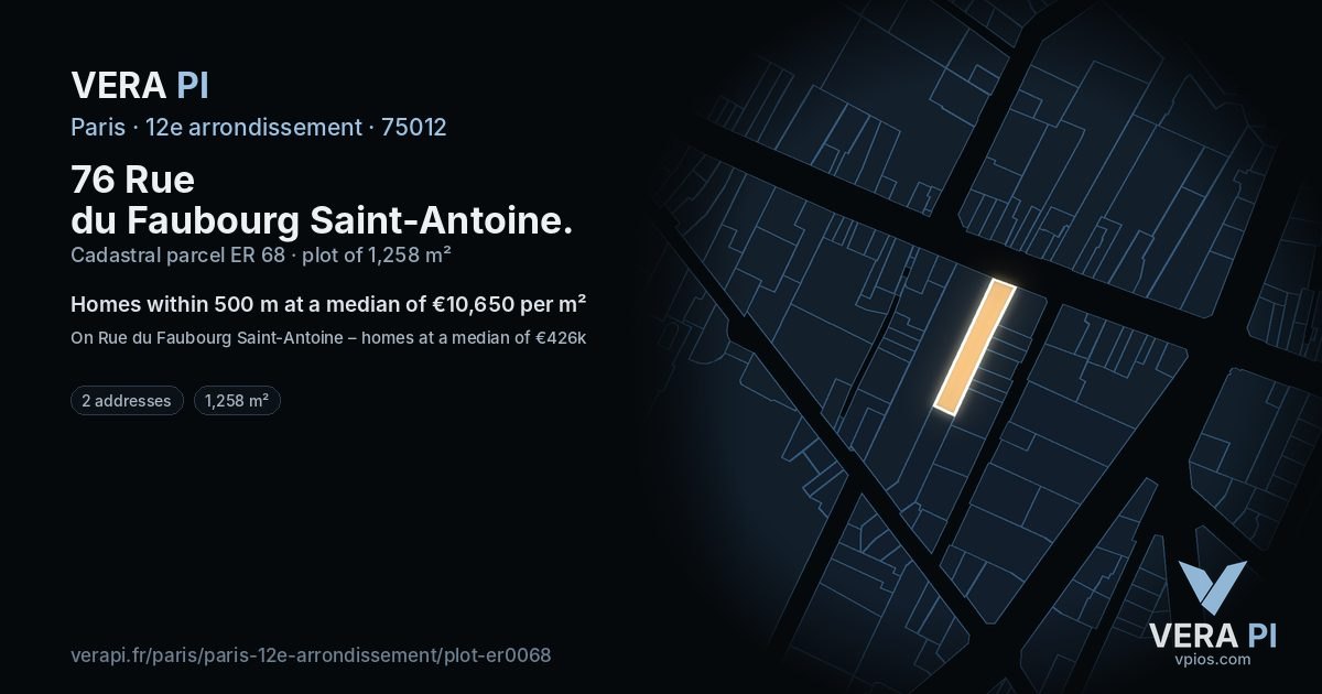 76 Rue du Faubourg Saint-Antoine, 12e arrondissement at night – the plot lit, the parcels around coloured by the prices near them