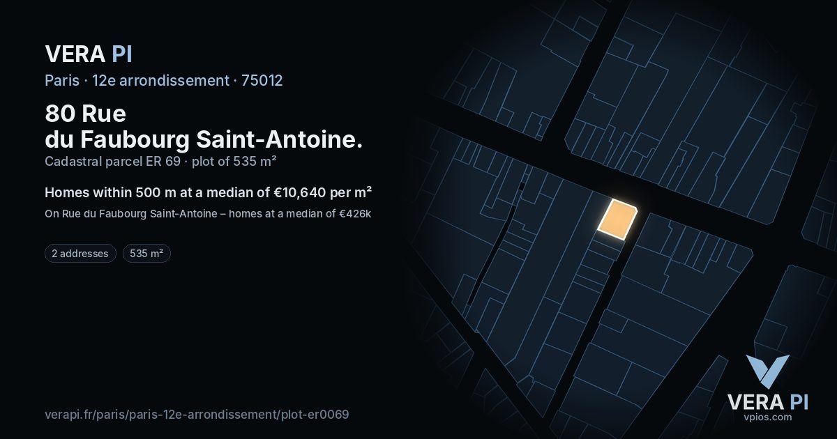 80 Rue du Faubourg Saint-Antoine, 12e arrondissement at night – the plot lit, the parcels around coloured by the prices near them