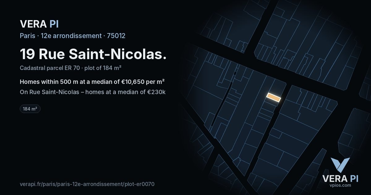 19 Rue Saint-Nicolas, 12e arrondissement at night – the plot lit, the parcels around coloured by the prices near them