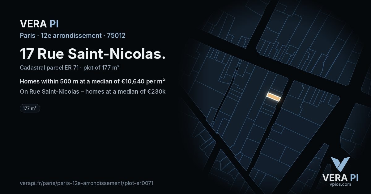 17 Rue Saint-Nicolas, 12e arrondissement at night – the plot lit, the parcels around coloured by the prices near them