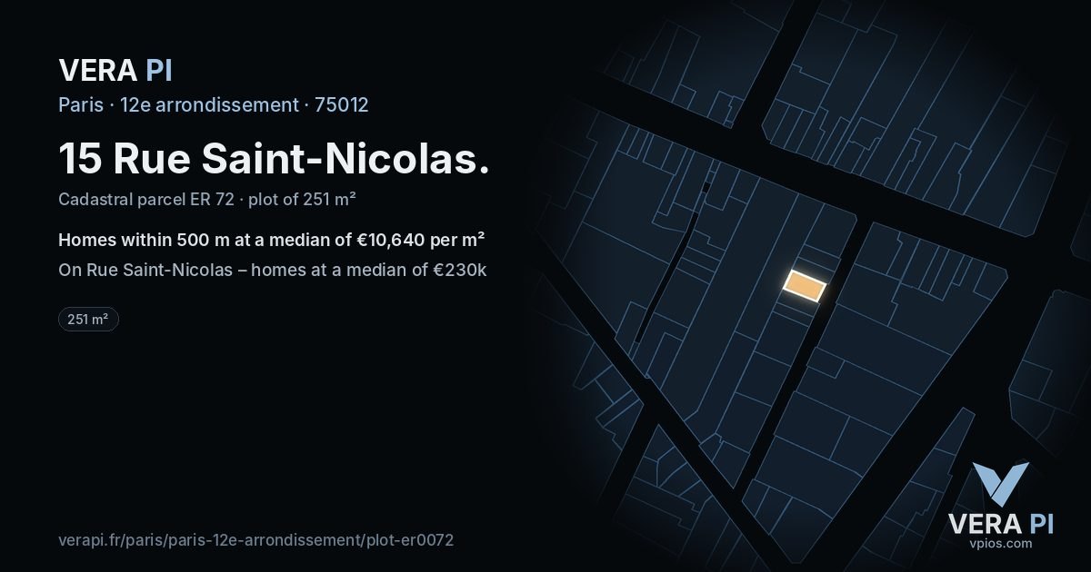15 Rue Saint-Nicolas, 12e arrondissement at night – the plot lit, the parcels around coloured by the prices near them