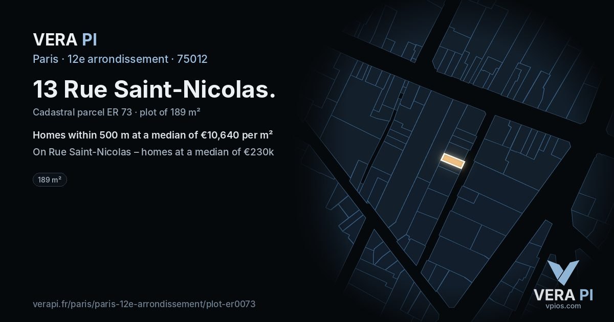 13 Rue Saint-Nicolas, 12e arrondissement at night – the plot lit, the parcels around coloured by the prices near them