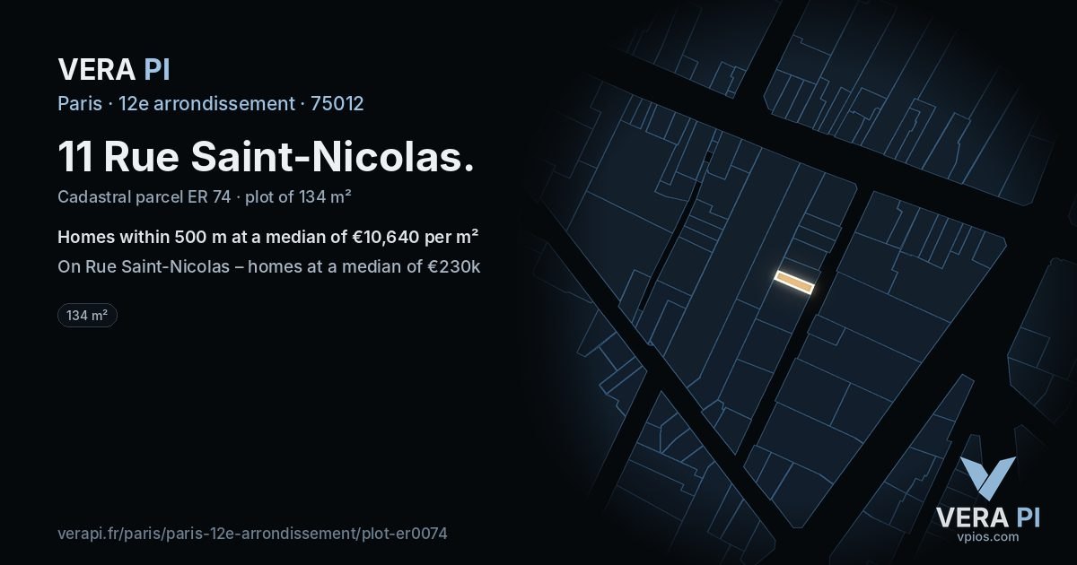 11 Rue Saint-Nicolas, 12e arrondissement at night – the plot lit, the parcels around coloured by the prices near them