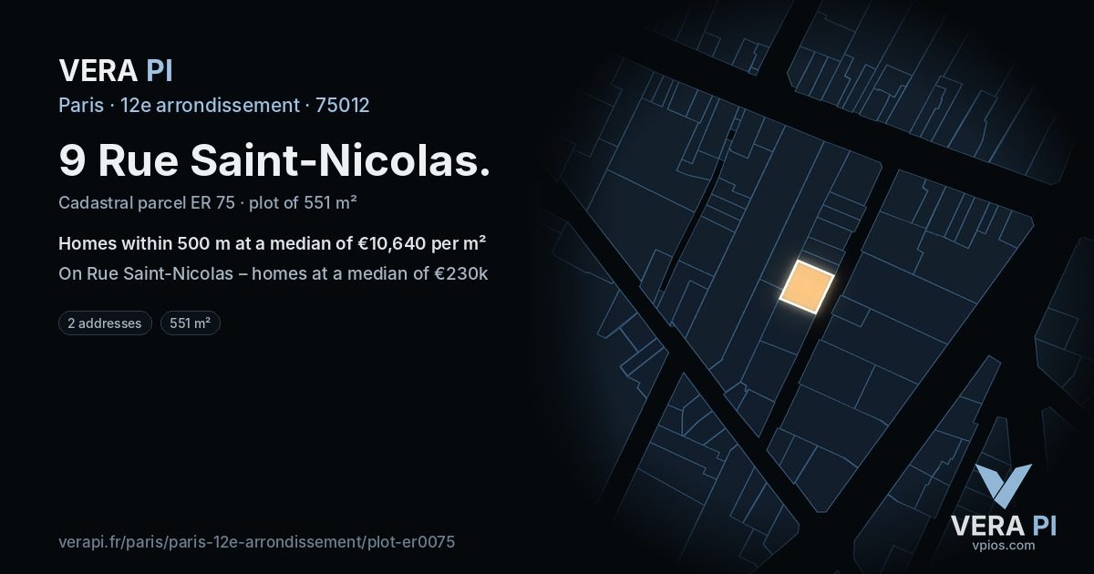 9 Rue Saint-Nicolas, 12e arrondissement at night – the plot lit, the parcels around coloured by the prices near them