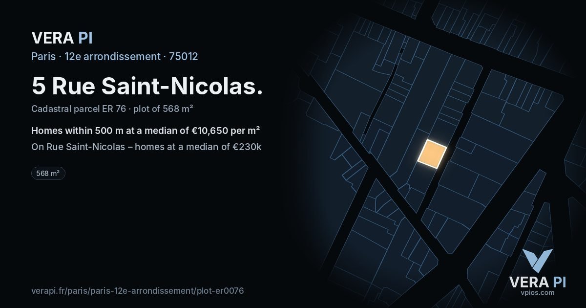 5 Rue Saint-Nicolas, 12e arrondissement at night – the plot lit, the parcels around coloured by the prices near them