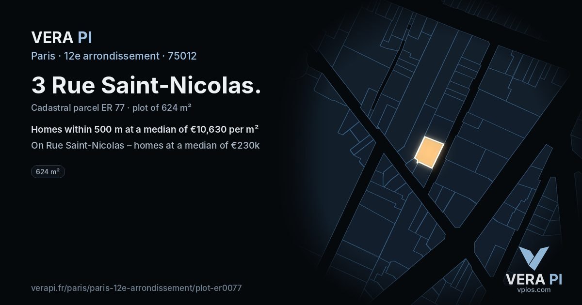 3 Rue Saint-Nicolas, 12e arrondissement at night – the plot lit, the parcels around coloured by the prices near them