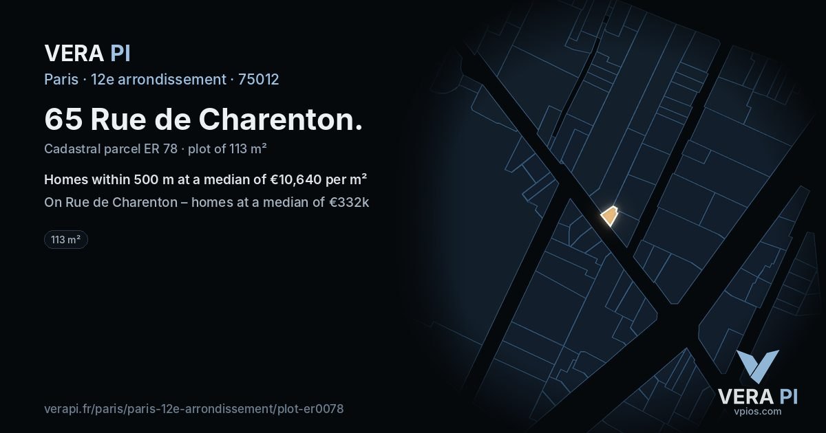 65 Rue de Charenton, 12e arrondissement at night – the plot lit, the parcels around coloured by the prices near them
