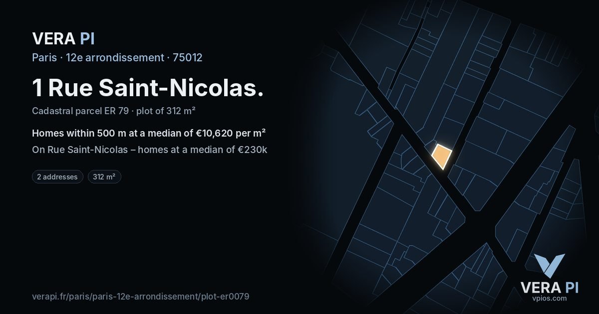 1 Rue Saint-Nicolas, 12e arrondissement at night – the plot lit, the parcels around coloured by the prices near them