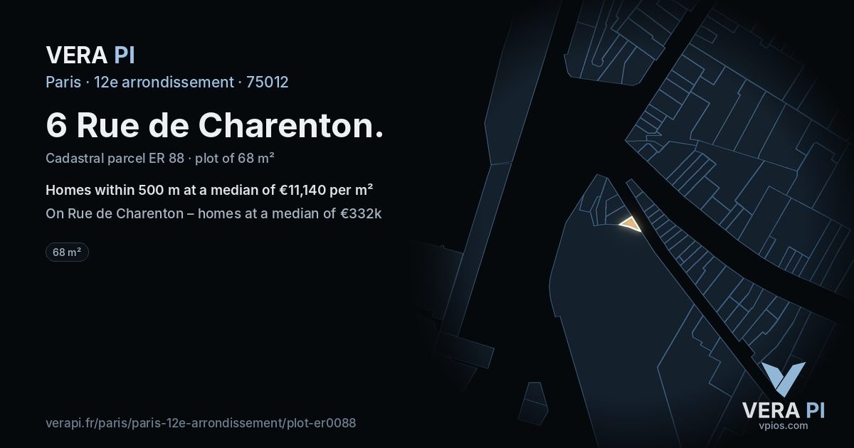 6 Rue de Charenton, 12e arrondissement at night – the plot lit, the parcels around coloured by the prices near them