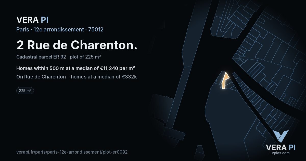 2 Rue de Charenton, 12e arrondissement at night – the plot lit, the parcels around coloured by the prices near them