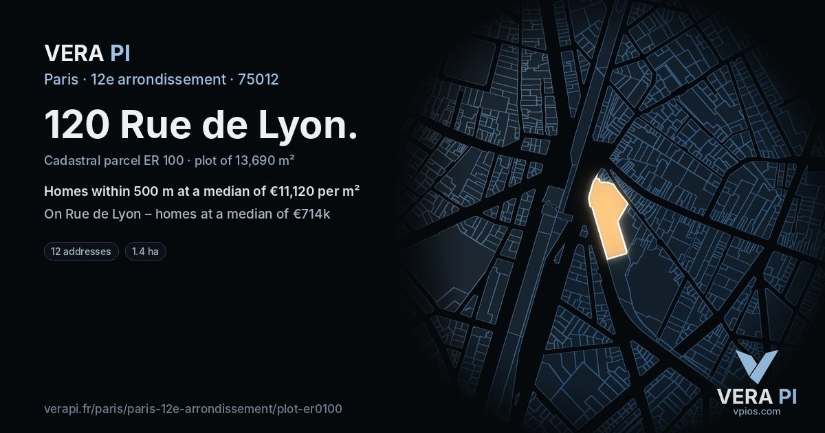 120 Rue de Lyon, 12e arrondissement at night – the plot lit, the parcels around coloured by the prices near them