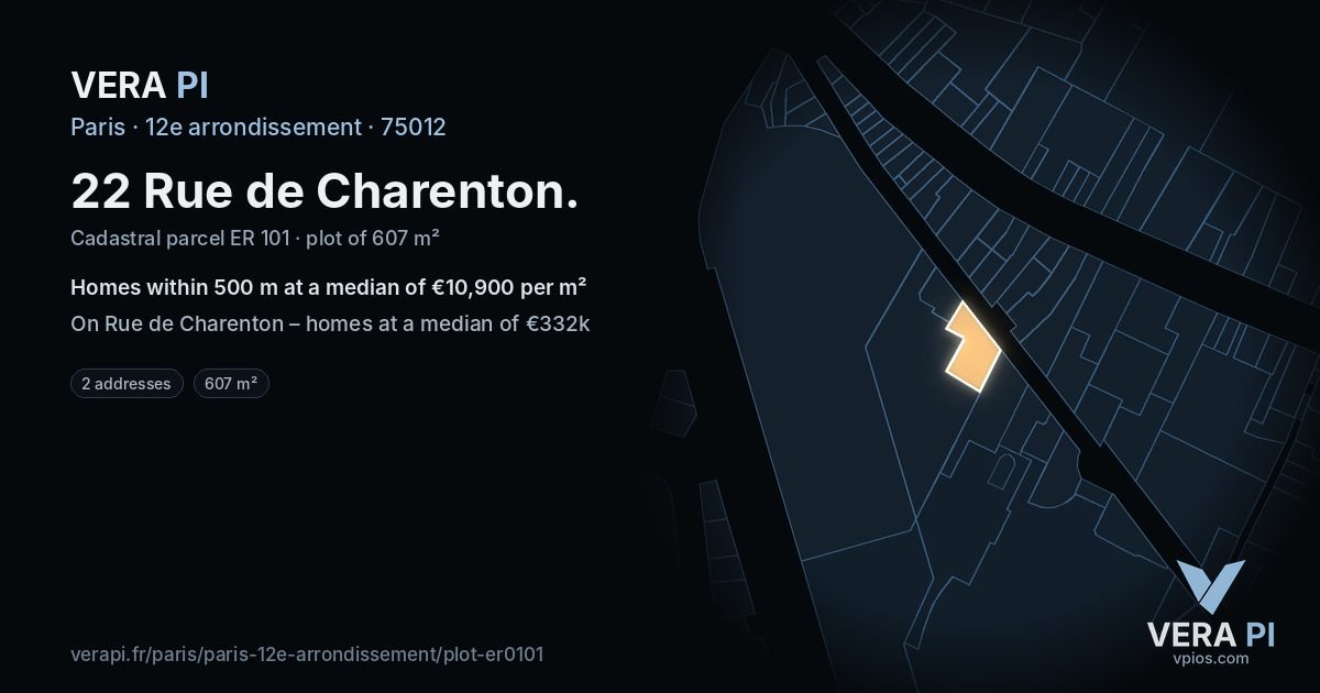 22 Rue de Charenton, 12e arrondissement at night – the plot lit, the parcels around coloured by the prices near them