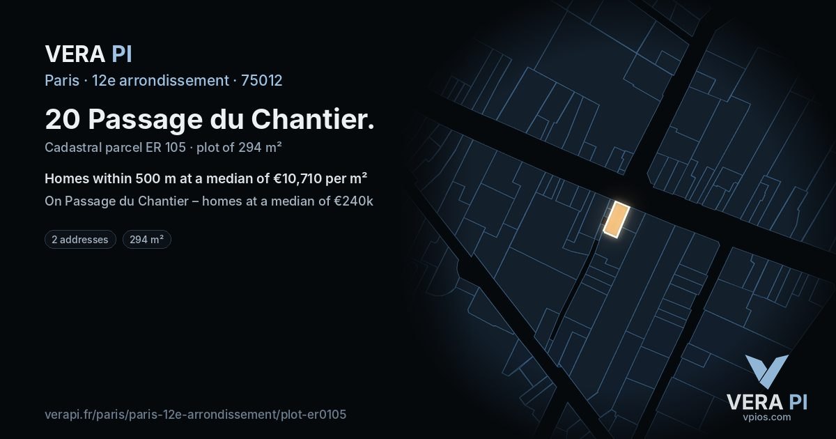 20 Passage du Chantier, 12e arrondissement at night – the plot lit, the parcels around coloured by the prices near them