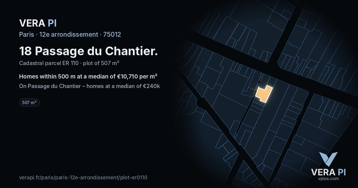18 Passage du Chantier, 12e arrondissement at night – the plot lit, the parcels around coloured by the prices near them