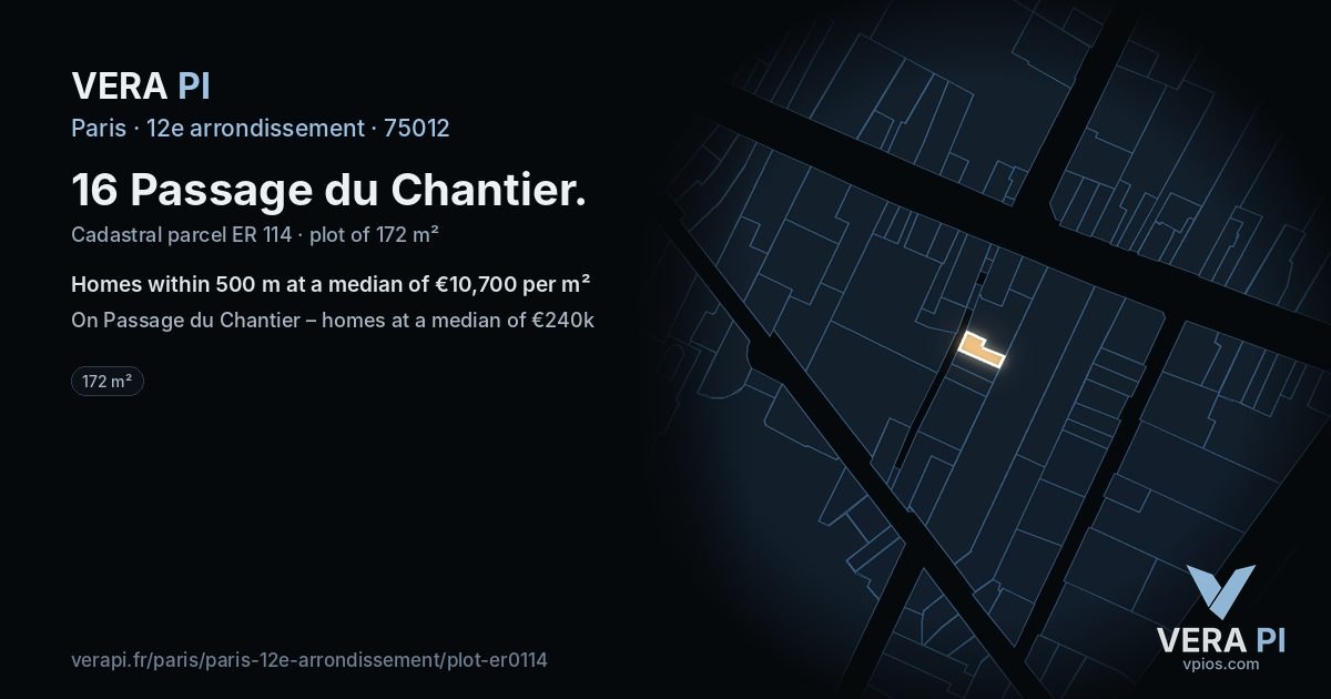 16 Passage du Chantier, 12e arrondissement at night – the plot lit, the parcels around coloured by the prices near them