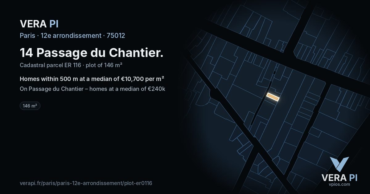 14 Passage du Chantier, 12e arrondissement at night – the plot lit, the parcels around coloured by the prices near them