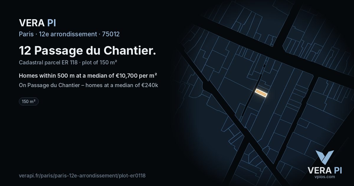 12 Passage du Chantier, 12e arrondissement at night – the plot lit, the parcels around coloured by the prices near them