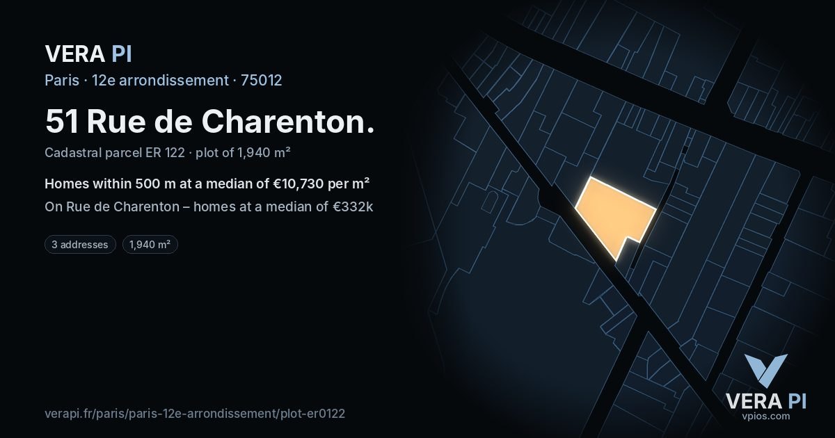 51 Rue de Charenton, 12e arrondissement at night – the plot lit, the parcels around coloured by the prices near them