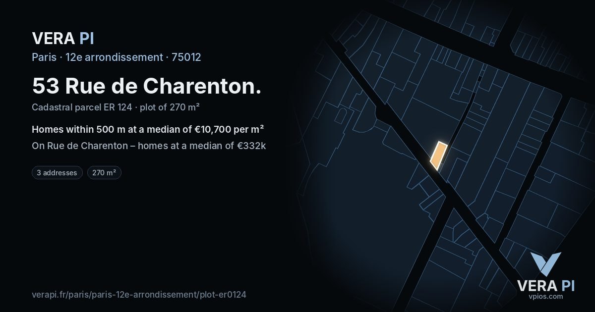 53 Rue de Charenton, 12e arrondissement at night – the plot lit, the parcels around coloured by the prices near them