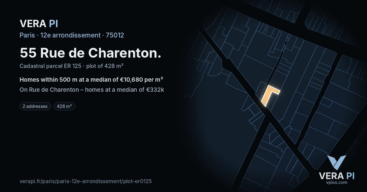 55 Rue de Charenton, 12e arrondissement at night – the plot lit, the parcels around coloured by the prices near them