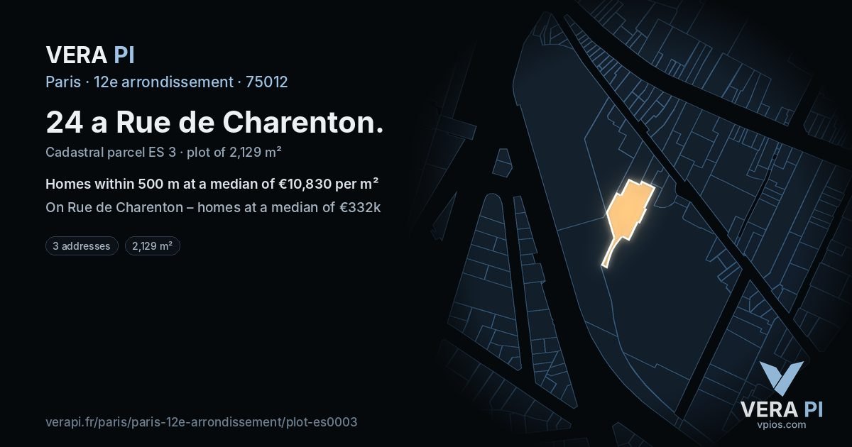 24 a Rue de Charenton, 12e arrondissement at night – the plot lit, the parcels around coloured by the prices near them