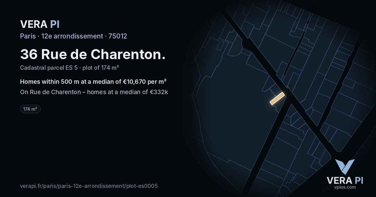 36 Rue de Charenton, 12e arrondissement at night – the plot lit, the parcels around coloured by the prices near them
