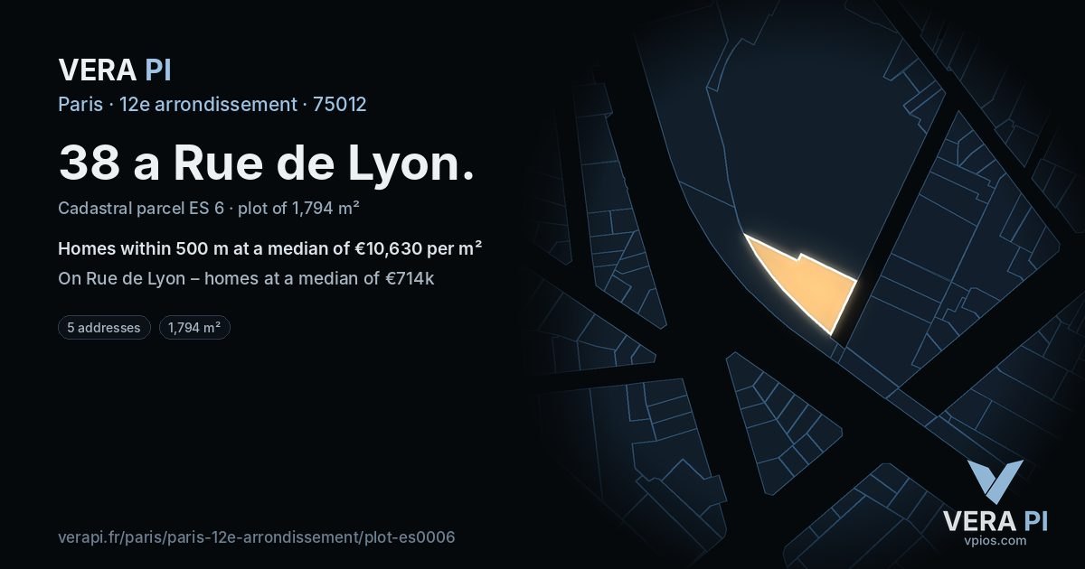 38 a Rue de Lyon, 12e arrondissement at night – the plot lit, the parcels around coloured by the prices near them