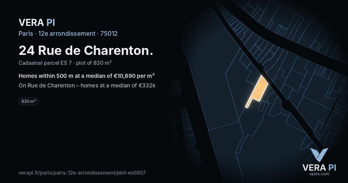 24 Rue de Charenton, 12e arrondissement at night – the plot lit, the parcels around coloured by the prices near them