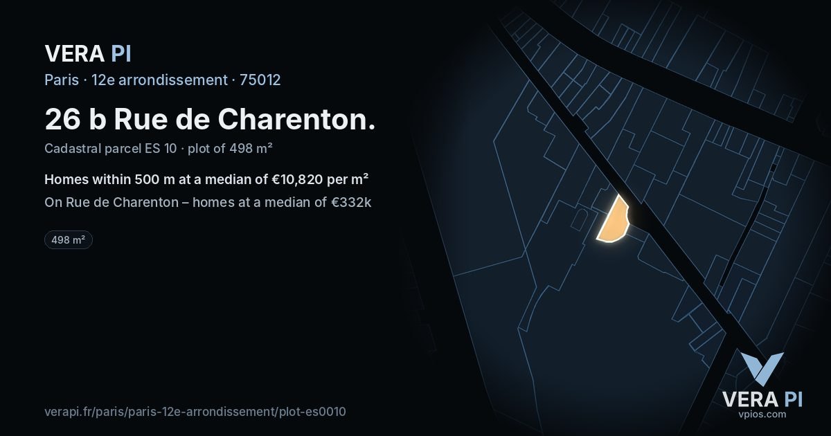26 b Rue de Charenton, 12e arrondissement at night – the plot lit, the parcels around coloured by the prices near them