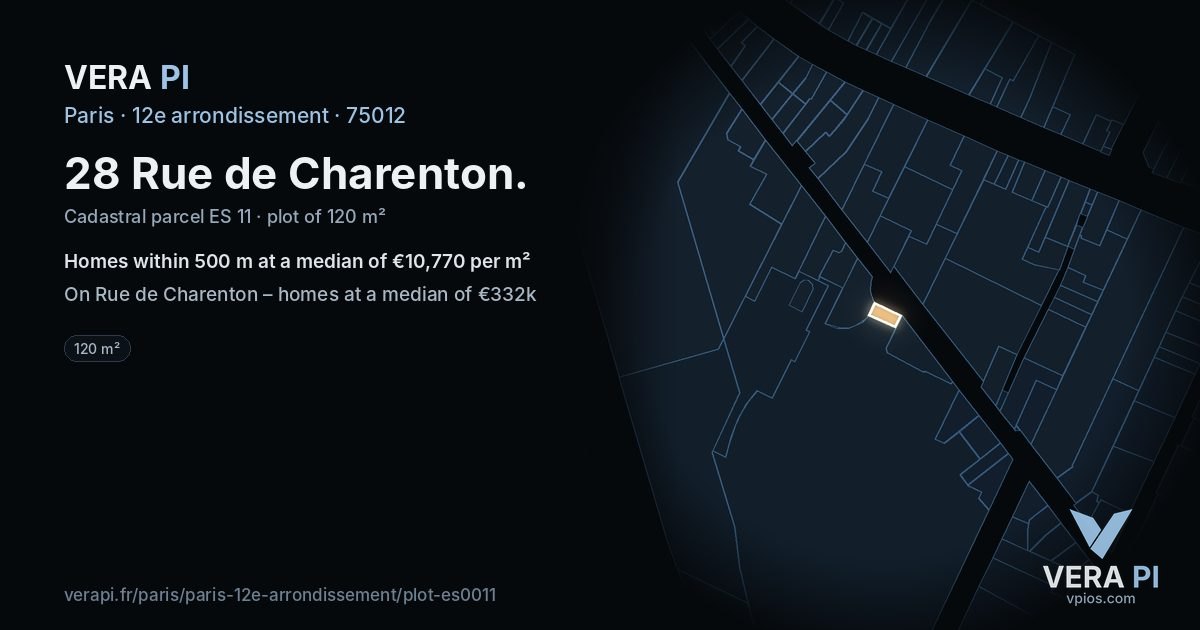 28 Rue de Charenton, 12e arrondissement at night – the plot lit, the parcels around coloured by the prices near them