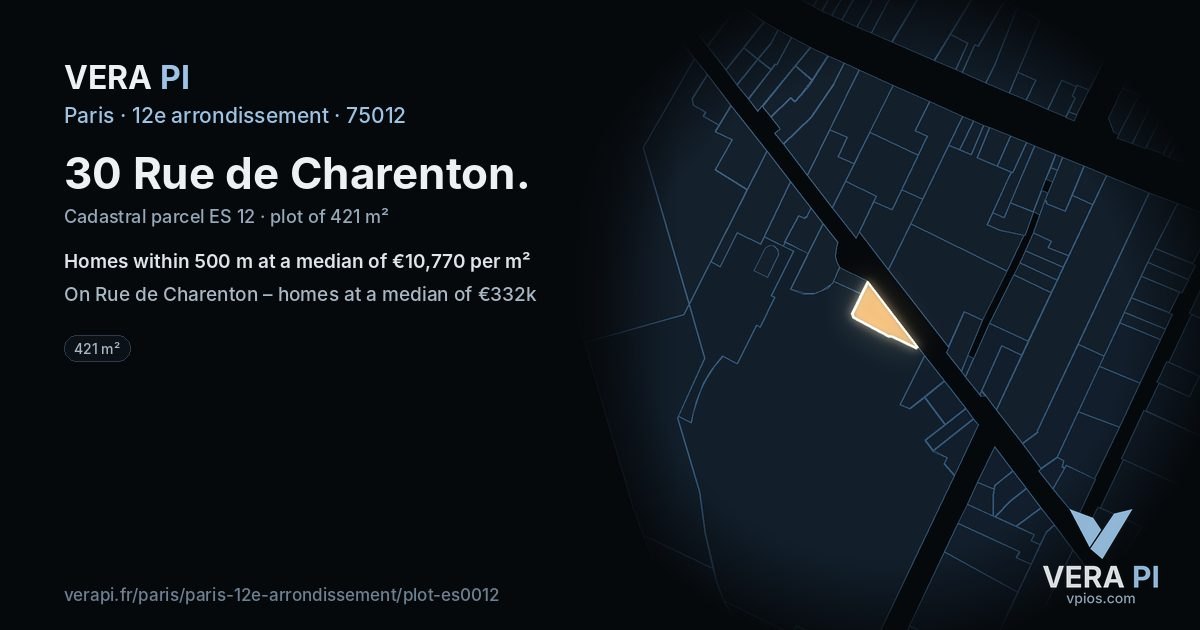 30 Rue de Charenton, 12e arrondissement at night – the plot lit, the parcels around coloured by the prices near them