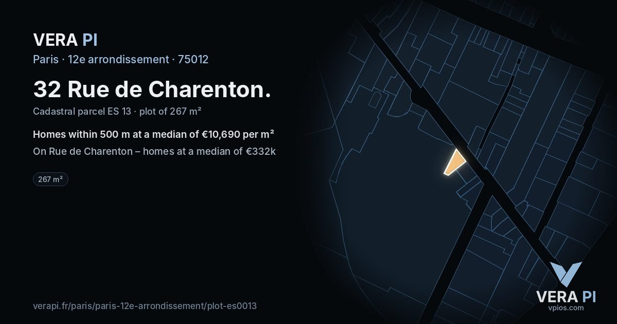 32 Rue de Charenton, 12e arrondissement at night – the plot lit, the parcels around coloured by the prices near them