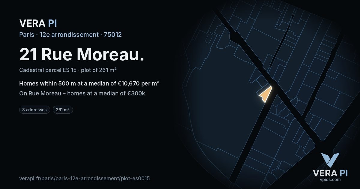 21 Rue Moreau, 12e arrondissement at night – the plot lit, the parcels around coloured by the prices near them