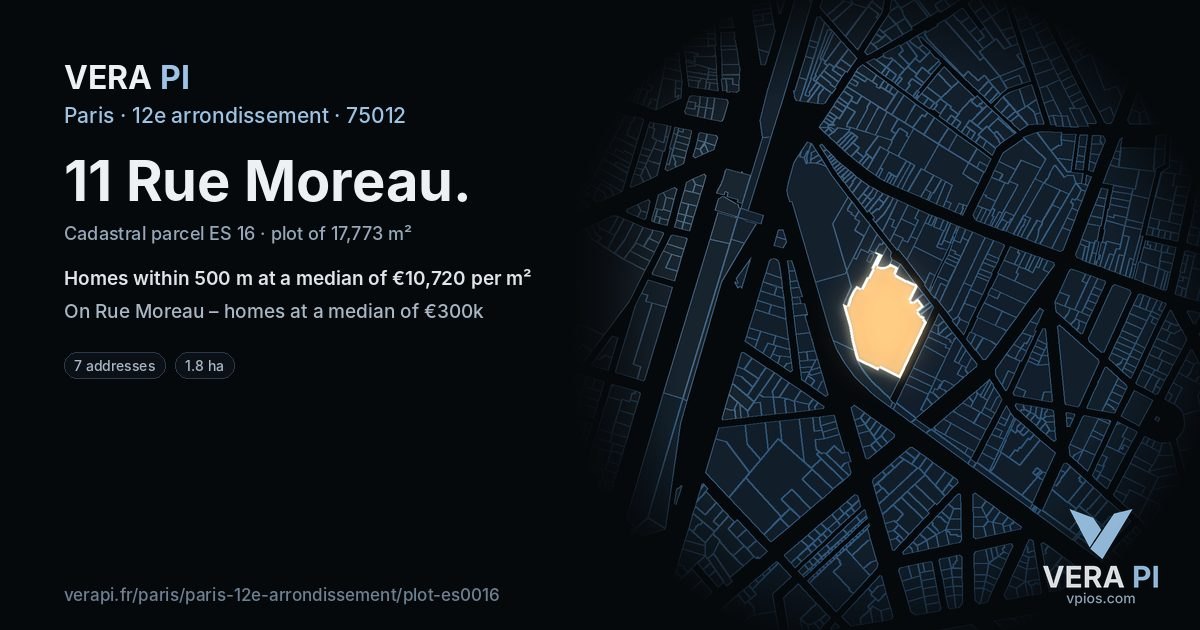 11 Rue Moreau, 12e arrondissement at night – the plot lit, the parcels around coloured by the prices near them
