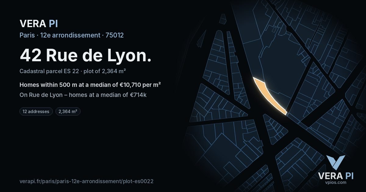42 Rue de Lyon, 12e arrondissement at night – the plot lit, the parcels around coloured by the prices near them