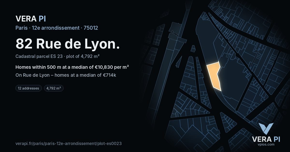 82 Rue de Lyon, 12e arrondissement at night – the plot lit, the parcels around coloured by the prices near them